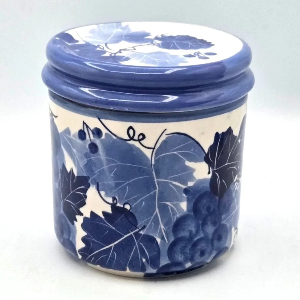 Ceramic Canister Blue White DESIGN‎ PAC Hand Painted Grapevine Cottage Core